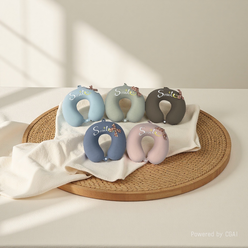 Five-color U-shaped travel neck pillow Smile smile red bow auto-inflating pad 180g Specification image