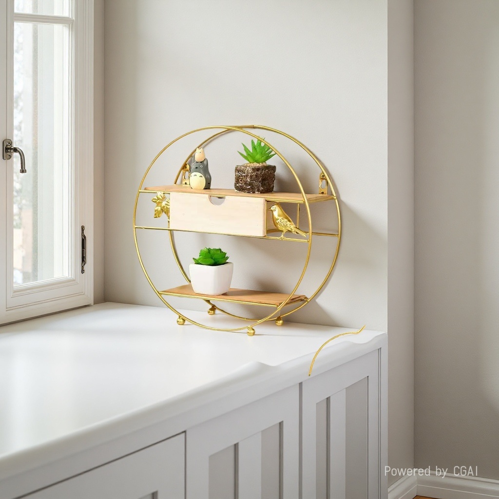 Golden circular metal storage rack, rotating bookshelf, kitchen storage wonder, TV hanging rack, TV stand details Picture