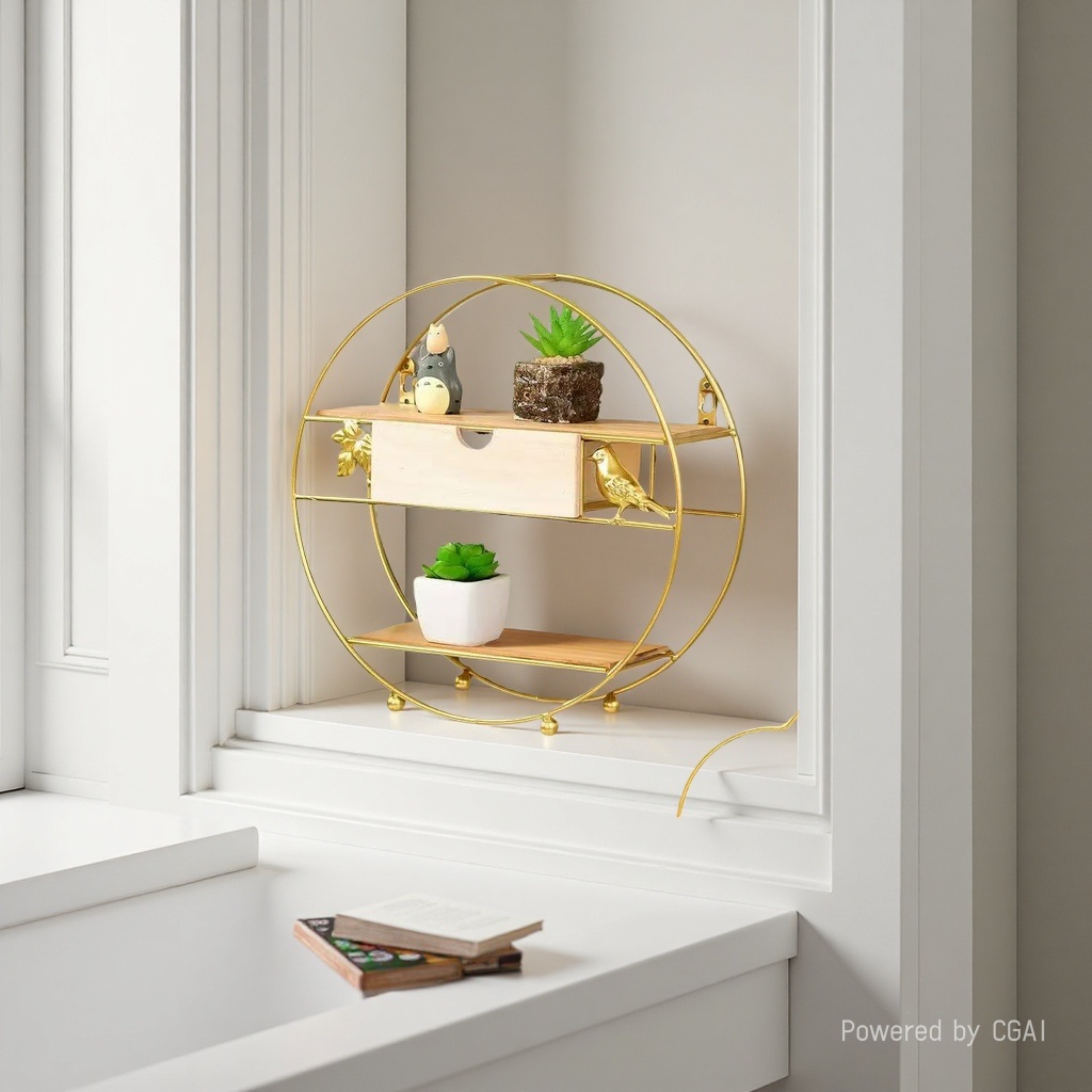 Golden circular metal storage rack, rotating bookshelf, kitchen storage wonder, TV hanging rack, TV stand Application Scenario