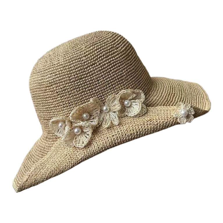 Spring and summer designer's three-dimensional small flower pearl original Lafite grass basin hat, elegant fisherman's hat, sun hat Item Picture