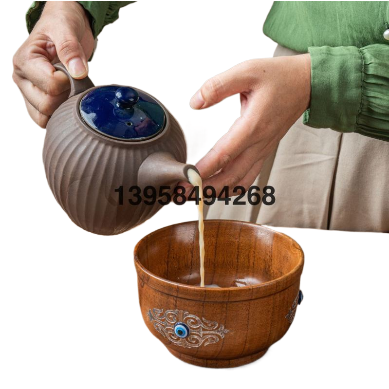 Solid wood creative Mongolian wooden bowls, household food bowls, wooden anti-scald milk tea bowls, ethnic-style jujube wood butter bowls Item Picture