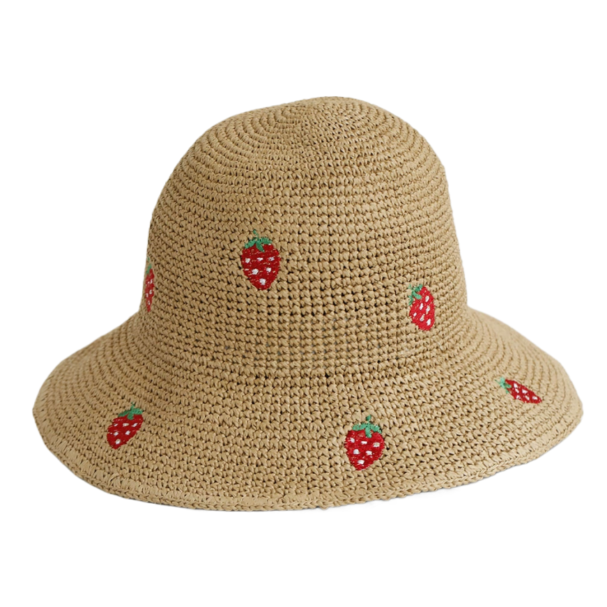 New hand-woven fisherman's hat and sun protection cap, foldable and exquisitely embroidered strawberry Japanese-style face-enhancing summer vacation Item Picture