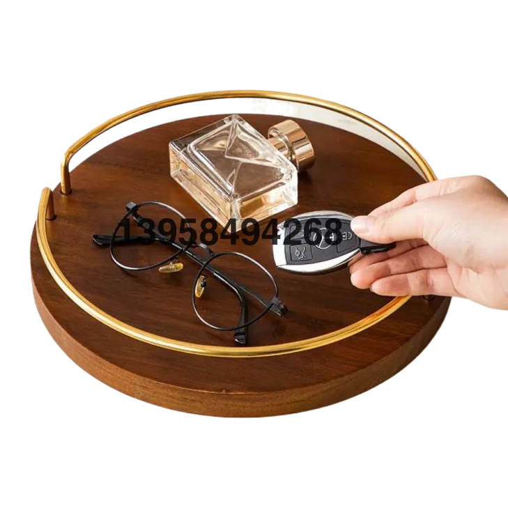 ins Acacia wood round storage plate, metal solid wood tabletop, dessert plate, fruit plate, tea plate, cup tray ht Item Picture