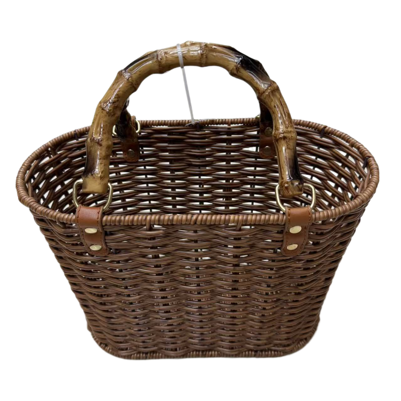 Imitation rattan hand-held storage basket, plastic rattan woven egg-shaped fruit carrying basket, household storage basket that can be carried, imitation bamboo handle grocery basket Item Picture
