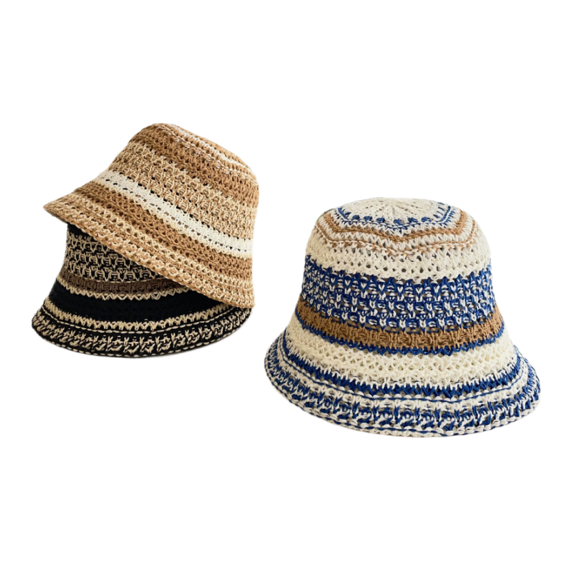 A new summer striped knitted straw hat for women, a stylish and versatile small fisherman hat that shows off one's face. It's a basin hat and bucket hat for outings Item Picture