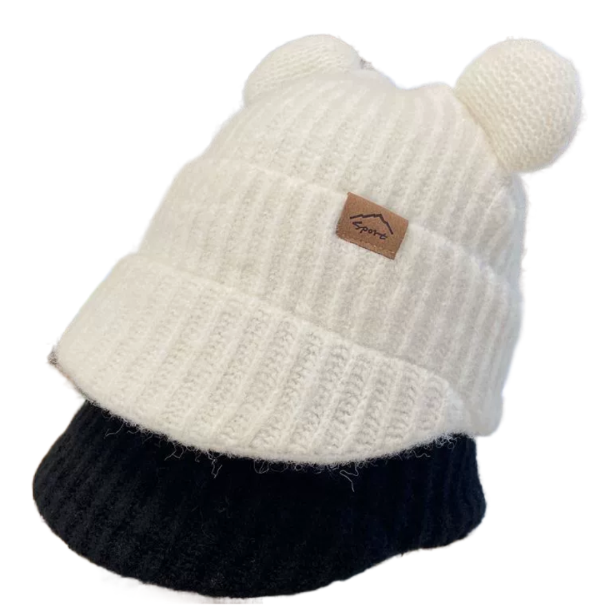 Cartoon cute bear ear knitted baseball cap for women, thickened for cold protection and warmth in autumn and winter, ear protection with fleece wool cap Item Picture