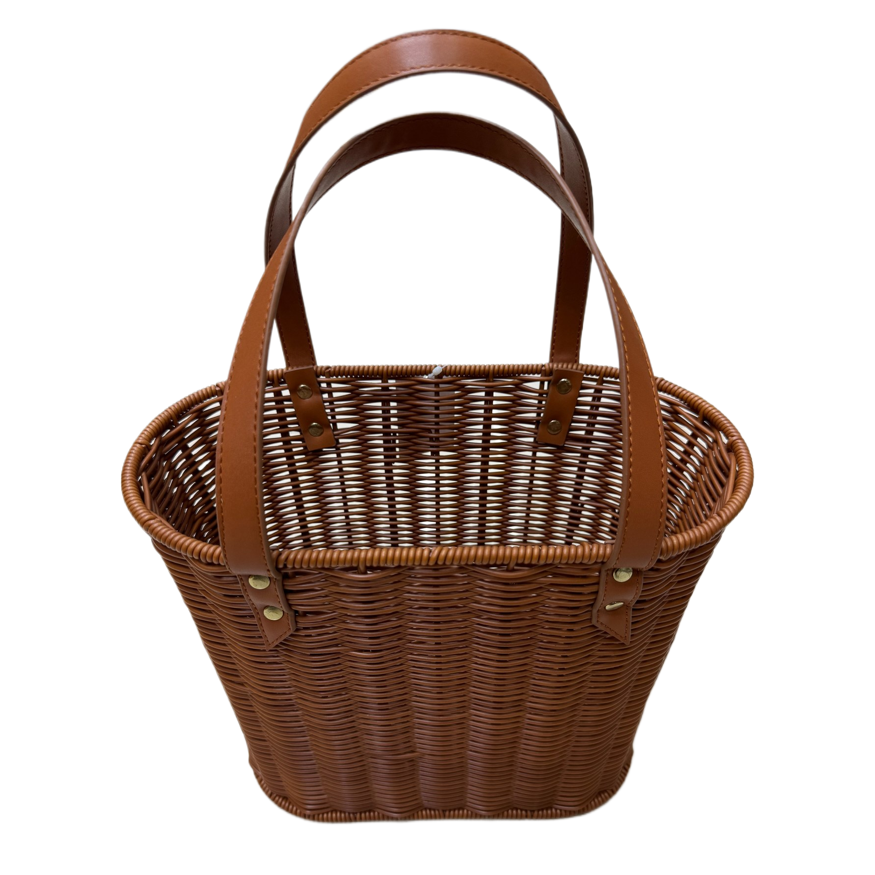 Brown woven basket handle basket, imitation rattan woven storage basket, storage woven storage basket, leather handle basket, grocery basket, shopping basket, supermarket gift packaging basket, retro woven basket Item Picture