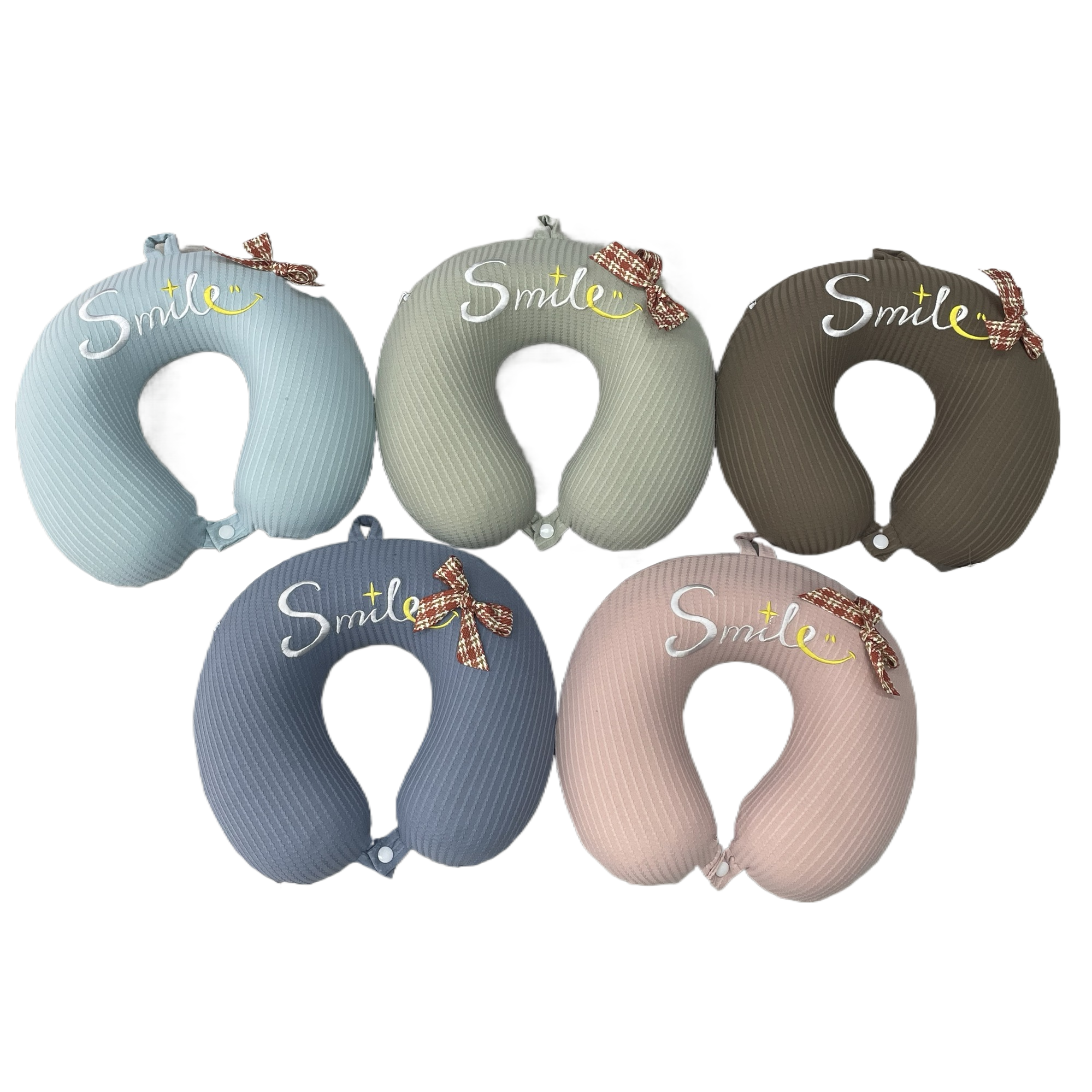 Five-color U-shaped travel neck pillow Smile smile red bow auto-inflating pad 180g Item Picture