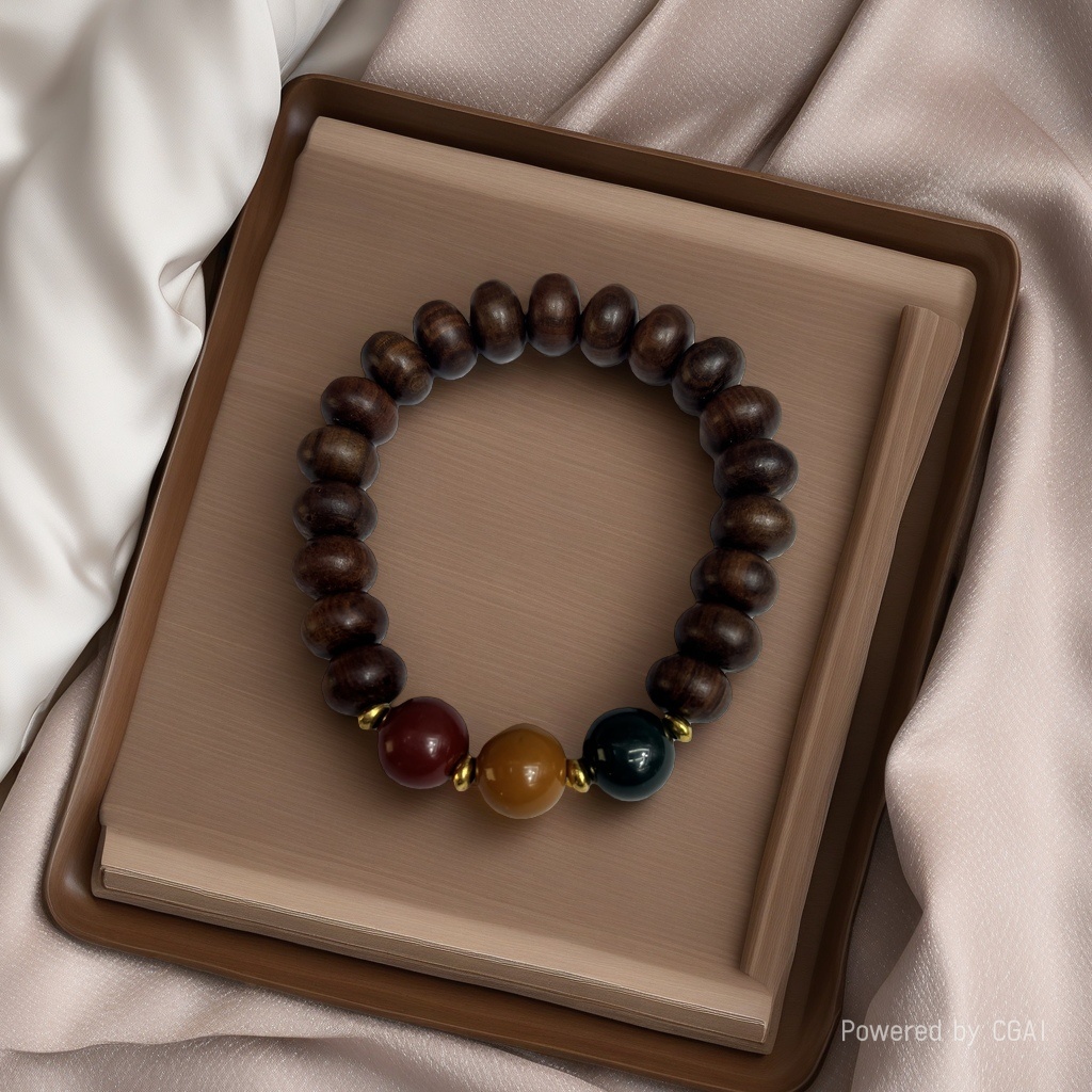 New Chinese-style yellow rosewood three-color old-style bead traffic light bracelet, men's and women's artistic retro Buddhist bead bracelet, prayer bead jewelry Specification image