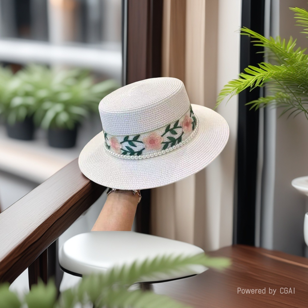 New flat top straw hat for ladies, pearl colorful lace bow ribbon straw hat, beach hat, pearl sun protection hat, sun hat, seaside vacation, travel, daily outdoor leisure urban style Application Scenario