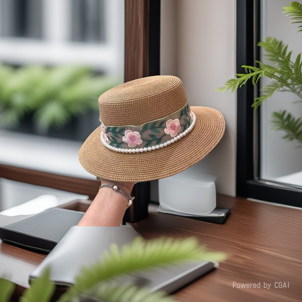 New flat top straw hat for ladies, pearl colorful lace bow ribbon straw hat, beach hat, pearl sun protection hat, sun hat, seaside vacation, travel, daily outdoor leisure urban style