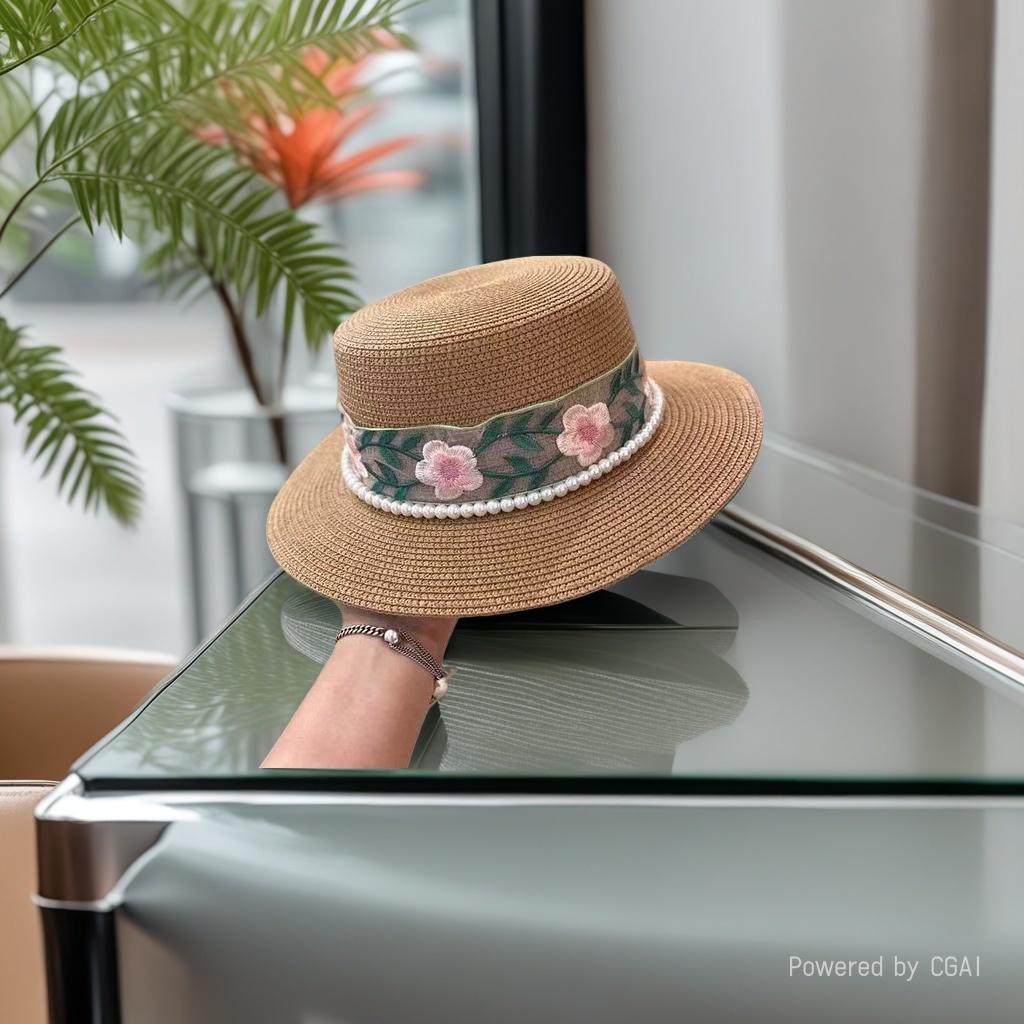 New flat top straw hat for ladies, pearl colorful lace bow ribbon straw hat, beach hat, pearl sun protection hat, sun hat, seaside vacation, travel, daily outdoor leisure urban style details Picture