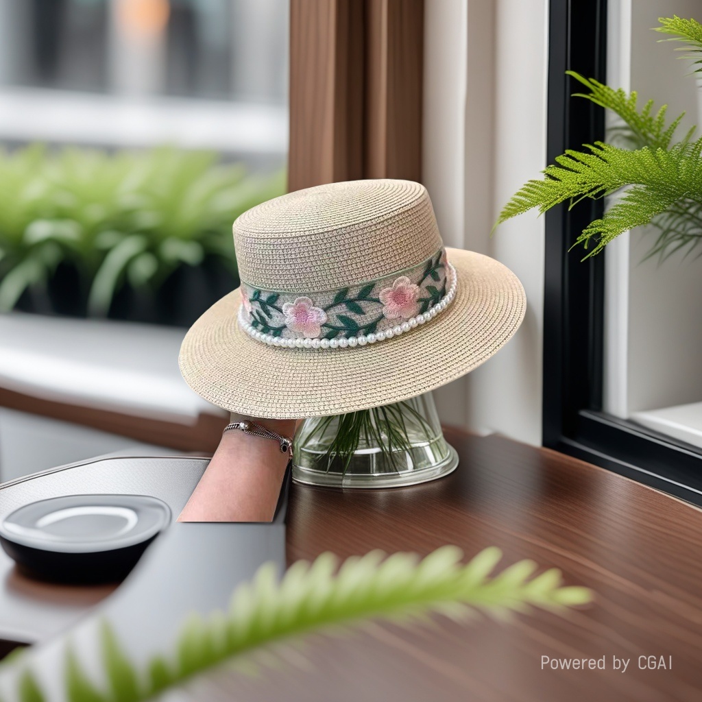 New flat top straw hat for ladies, pearl colorful lace bow ribbon straw hat, beach hat, pearl sun protection hat, sun hat, seaside vacation, travel, daily outdoor leisure urban style Specification image