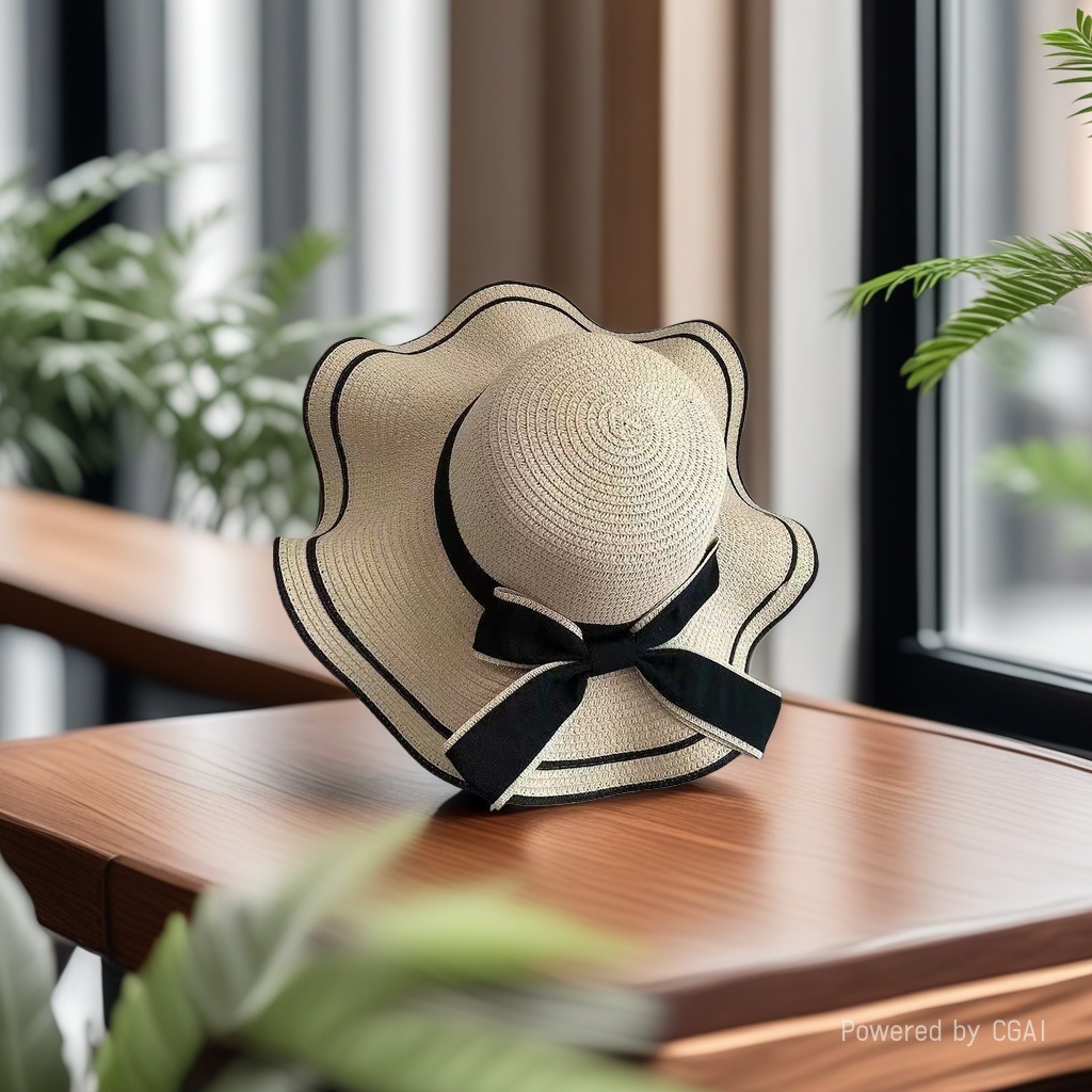 Ladies' straw hat, bow ribbon straw hat, beach hat, wavy border sun-drying hat, sun hat, seaside vacation, travel, daily outdoor leisure urban style full figure