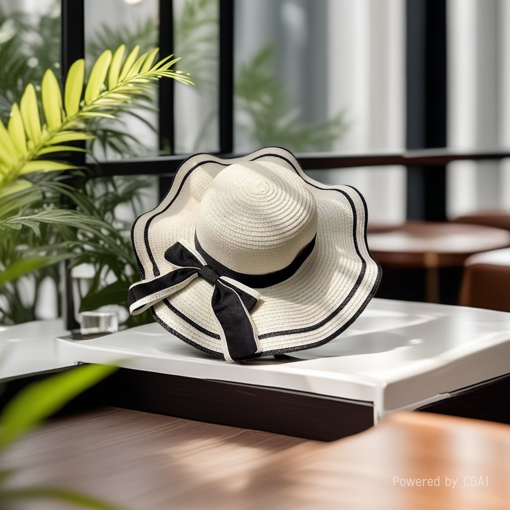 Ladies' straw hat, bow ribbon straw hat, beach hat, wavy border sun-drying hat, sun hat, seaside vacation, travel, daily outdoor leisure urban style details Picture