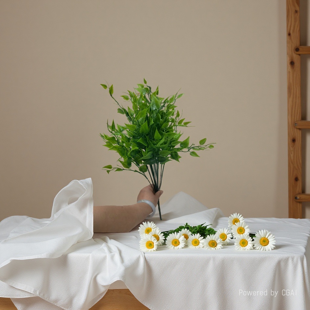 DIY decoration process of 18-head single-fork peach-leaf water plant plastic artificial flower plant wall, artificial green plant water plant, artificial green plant stock replenishment cabinet