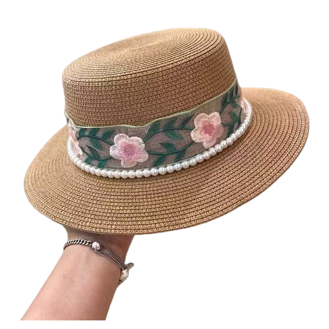 New flat top straw hat for ladies, pearl colorful lace bow ribbon straw hat, beach hat, pearl sun protection hat, sun hat, seaside vacation, travel, daily outdoor leisure urban style Item Picture