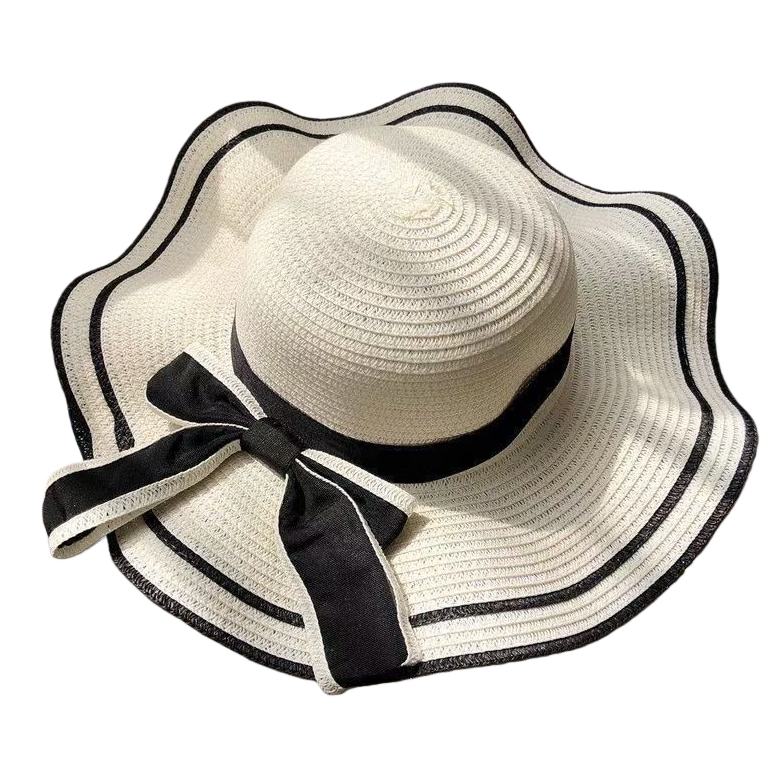 Ladies' straw hat, bow ribbon straw hat, beach hat, wavy border sun-drying hat, sun hat, seaside vacation, travel, daily outdoor leisure urban style Application Scenario