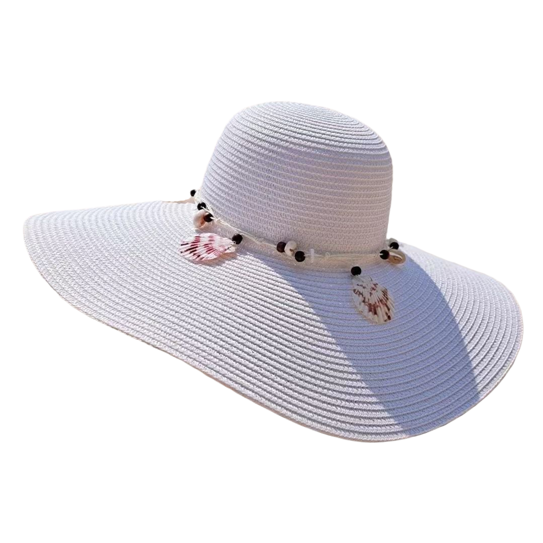 Ladies' summer white wide-brimmed straw hats decorated with shell ornaments, large straw hats, beach hats, sun protection hats and shade hats, seaside vacation and travel, daily outdoor leisure urban style Item Picture
