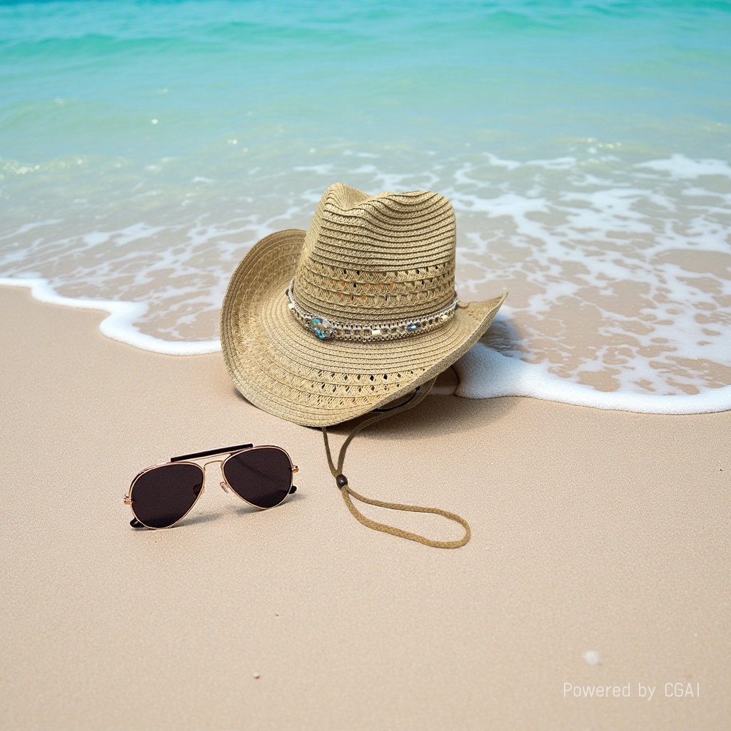 Grass woven straw hat, cowboy straw hat, beach hat, Panama sun protection hat, breathable and sun-protective, suitable for beach vacations, outings, outdoor leisure and daily wear details Picture