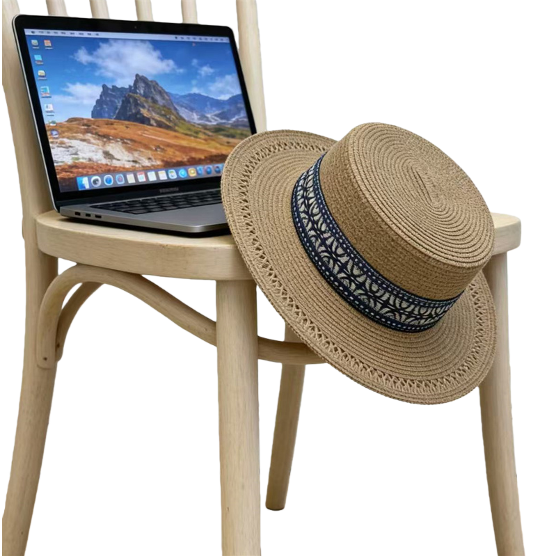 Men's and women's spring and summer flat-topped straw hats, colorful woven straps, ethnic-style straw hats, beach hats, sun protection and shade hats, seaside vacation, outdoor travel, outdoor leisure sports Item Picture