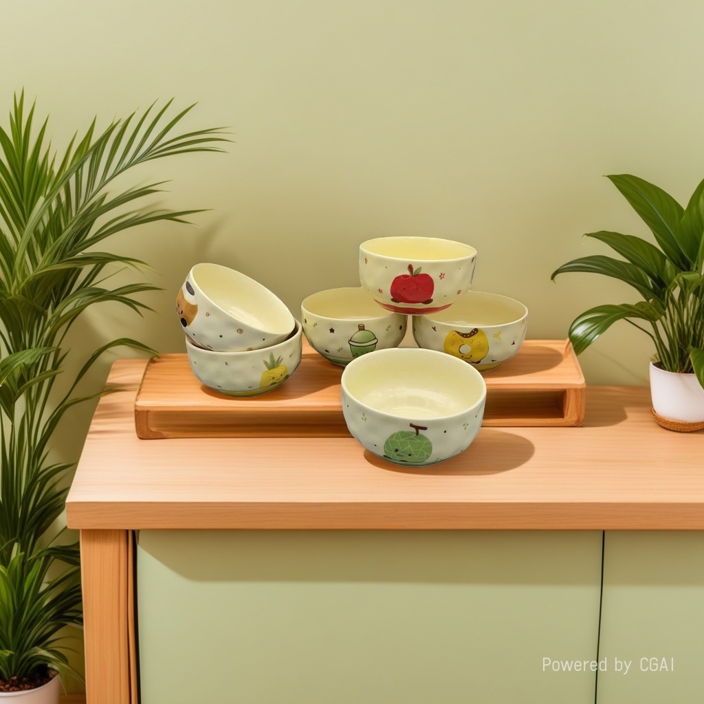 Cartoon pattern glass salad bowl, 6-inch ceramic bowl, ceramic tableware factory direct sales Application Scenario