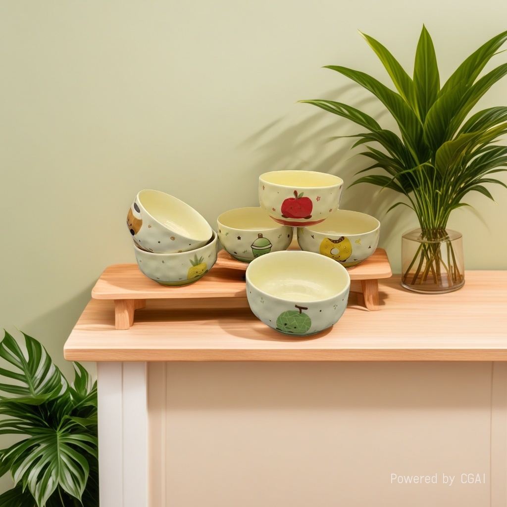Cartoon pattern glass salad bowl, 6-inch ceramic bowl, ceramic tableware factory direct sales