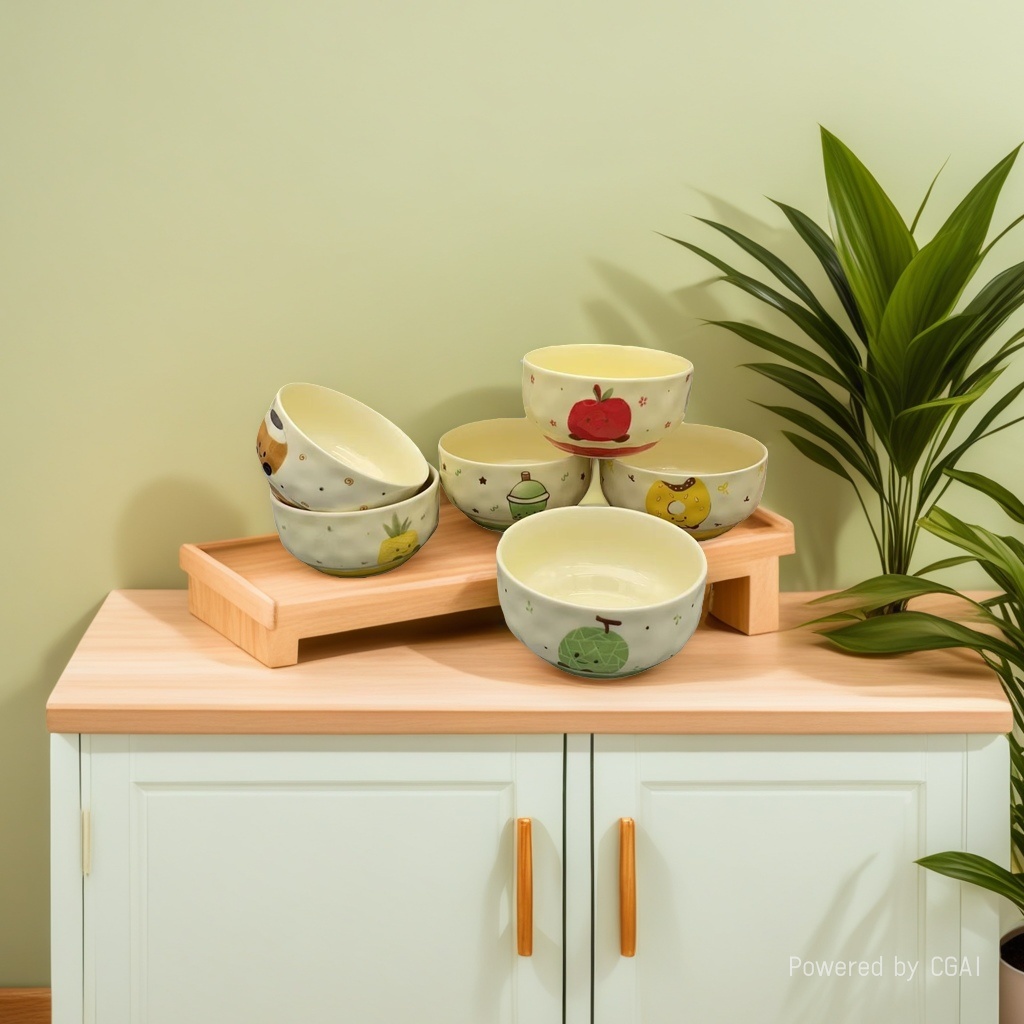 Cartoon pattern glass salad bowl, 6-inch ceramic bowl, ceramic tableware factory direct sales Specification image