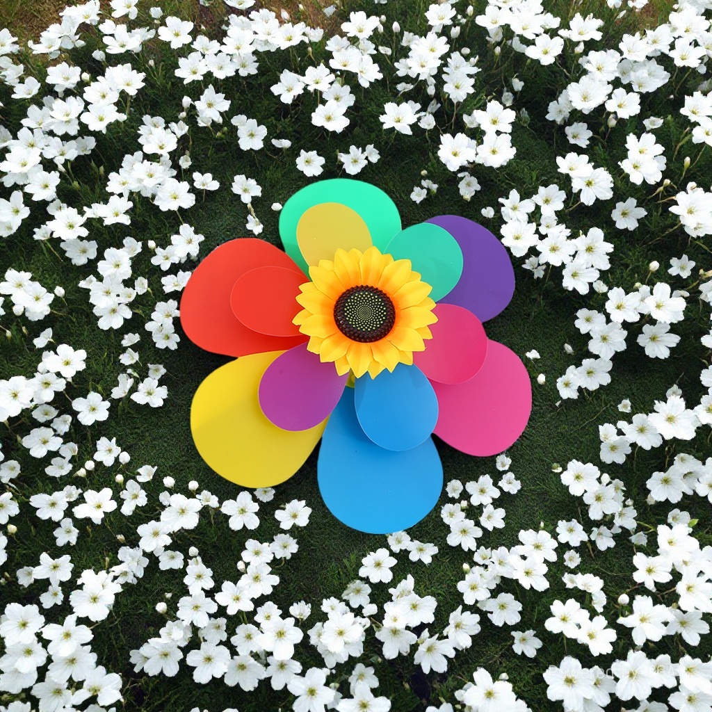 Double-layer seven-color windmill, children holding sunflowers, rotating windmill, real estate park decoration, large windmill wholesale, stall windmill, men's and women's outdoor details Picture
