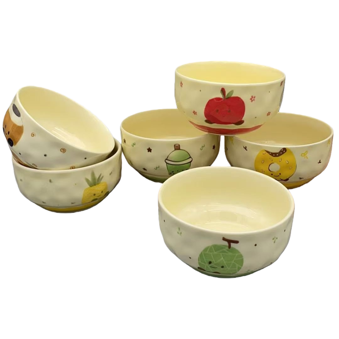 Cartoon pattern glass salad bowl, 6-inch ceramic bowl, ceramic tableware factory direct sales Item Picture