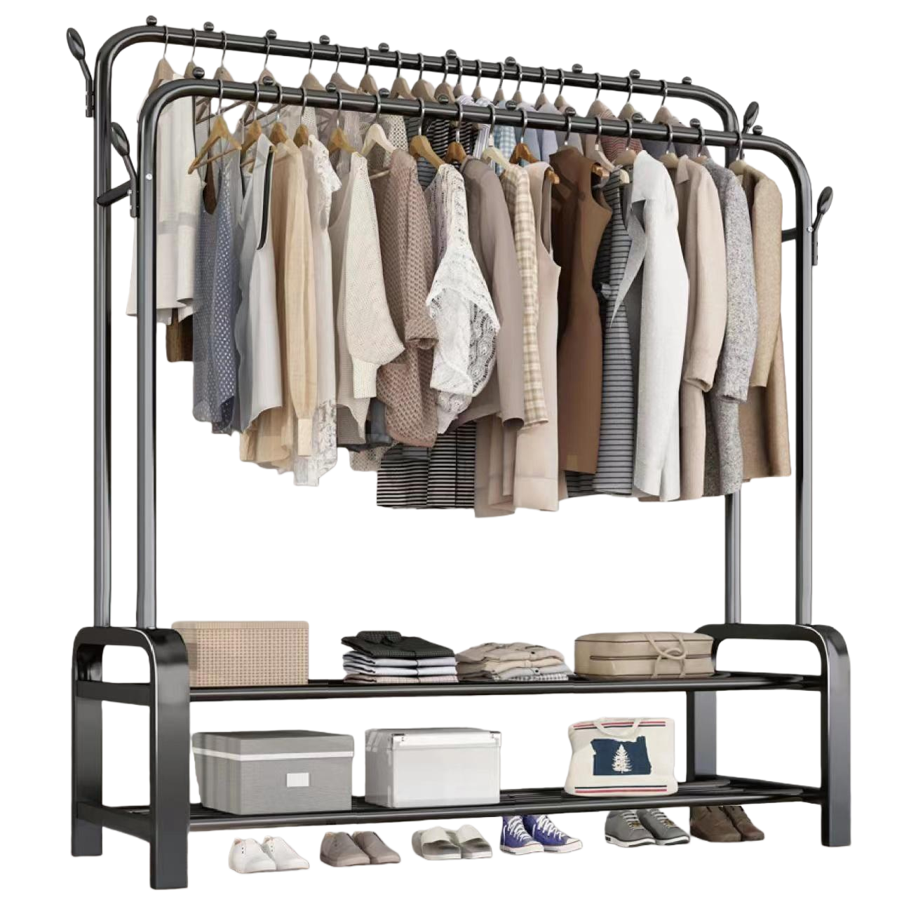 A portable anti-slip storage rack for adults and children with clothes hangers and drying baskets, suitable for multi-functional family use Item Picture