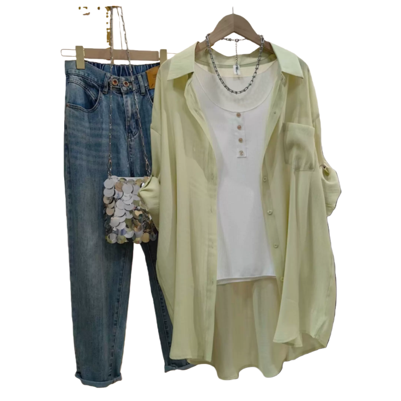 Mid-length, lightweight and sun-protective shirt for women, a new Korean-style casual loose air-conditioned shirt with rolled-up sleeves and a stylish look Item Picture