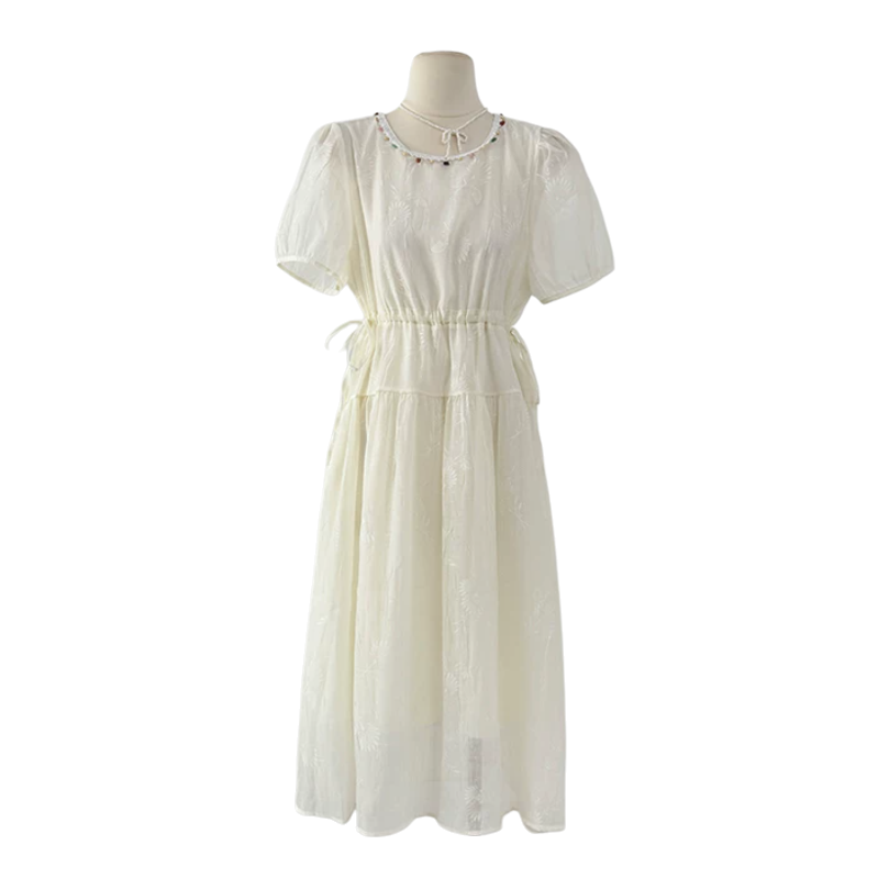 French lace-trimmed round-neck puffed-sleeve dress for women in summer, with a cinched waist, drawstring tie and pleated loose skirt Item Picture