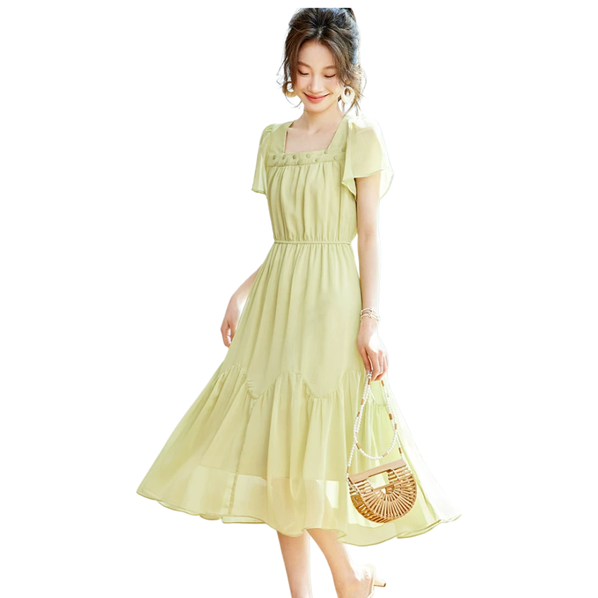 This is a super popular summer dress for women with a high-end square-neck, cinched waist and slimming look Item Picture