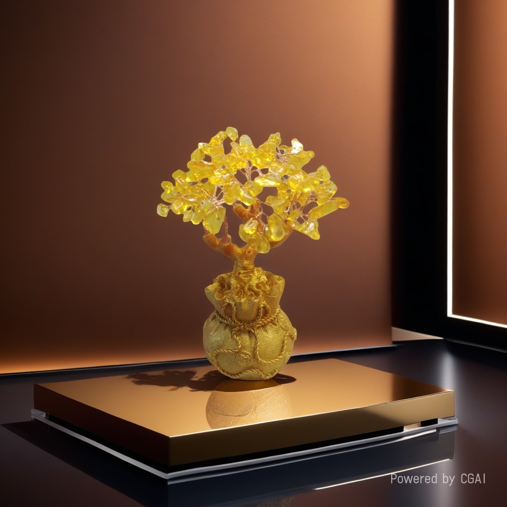 黄色水晶树金色布袋底座水晶摆件钻原石工艺品