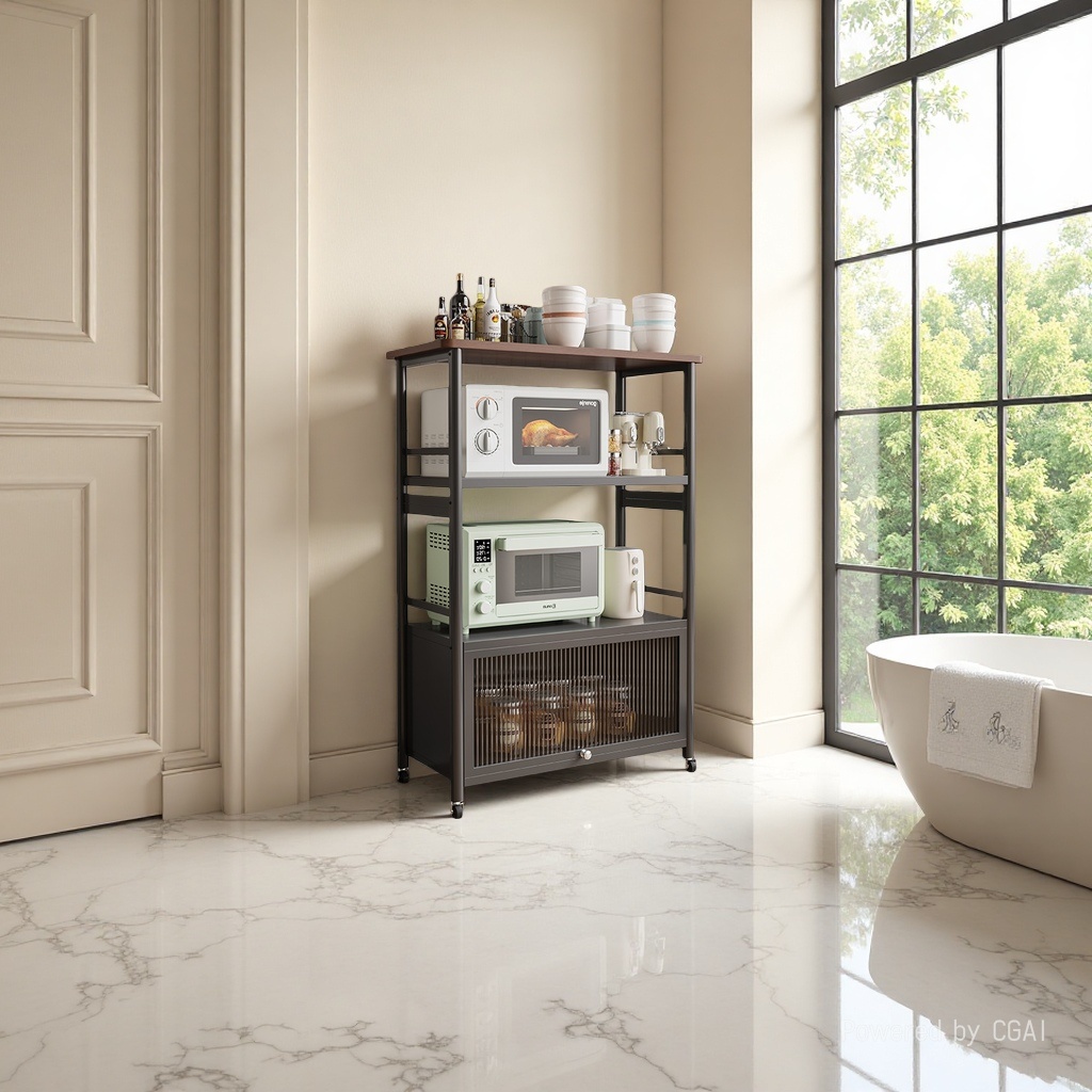 Kitchen storage rack, multi-layer floor-standing storage rack, household oven and microwave storage, floor-standing, modern and simple, elliptical tube, single door, 3 layers, 80 length - elegant black details Picture