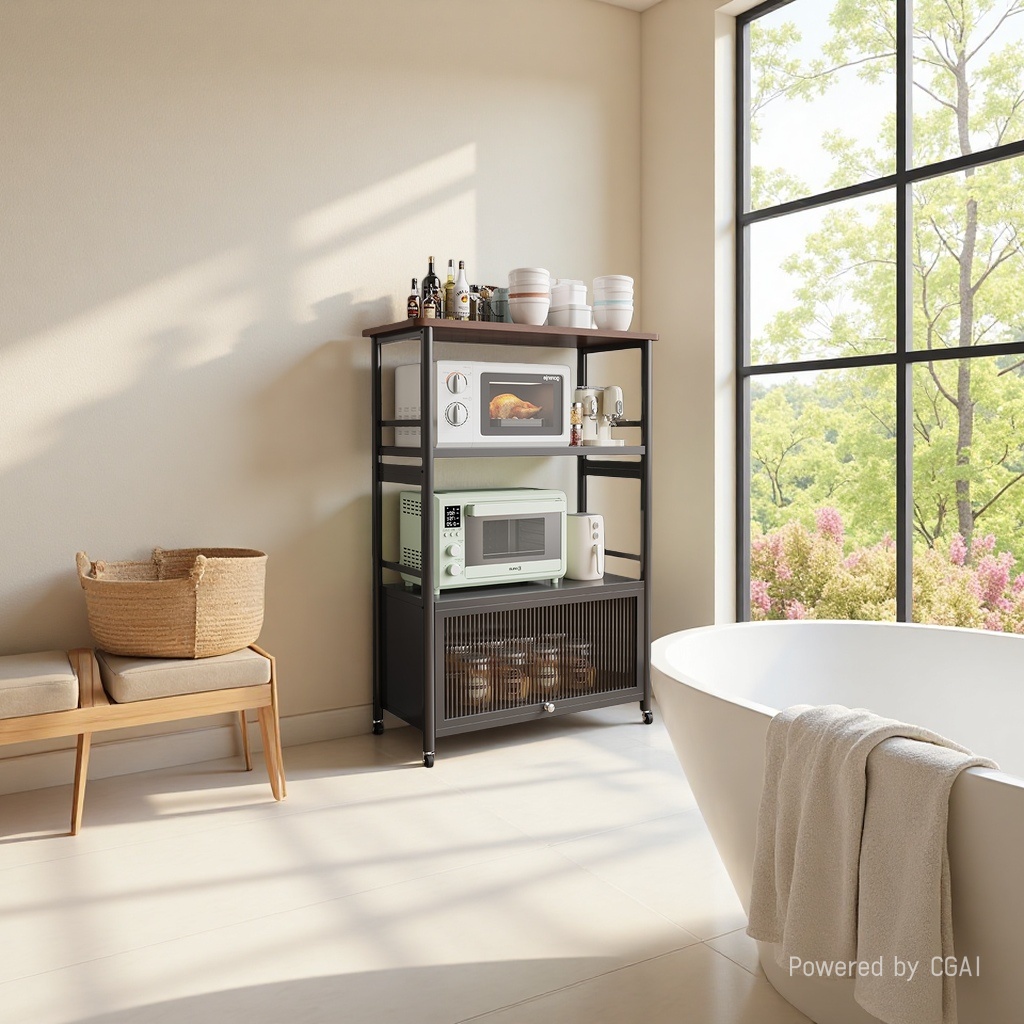 Kitchen storage rack, multi-layer floor-standing storage rack, household oven and microwave storage, floor-standing, modern and simple, elliptical tube, single door, 3 layers, 80 length - elegant black Application Scenario