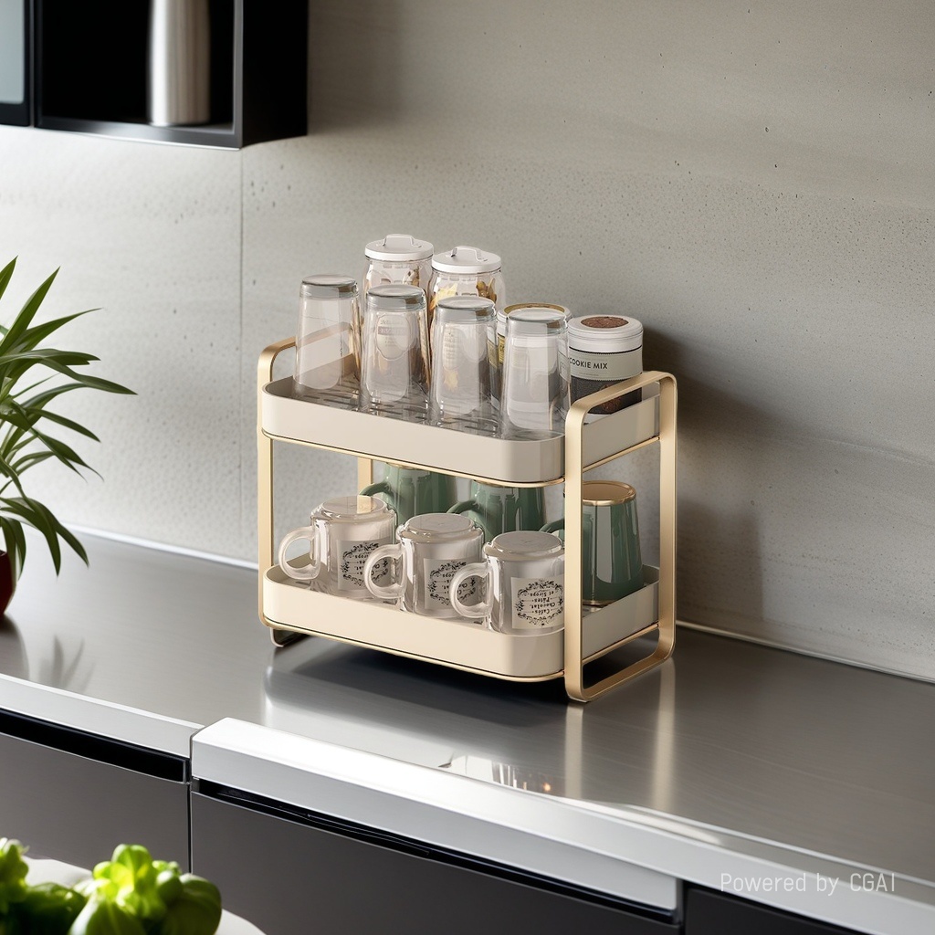 A double-layer household storage rack with a tray for drying glass cups, draining water, and placing tea cups and water bottles