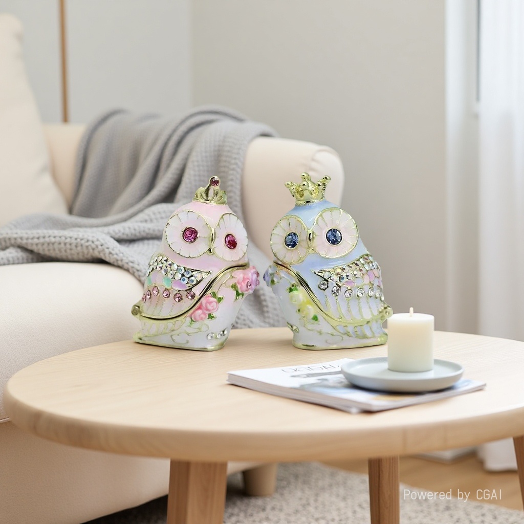 Cross-border enamel jewelry box, Crown little owl home decoration storage box, cartoon handicrafts, handcrafted Specification image