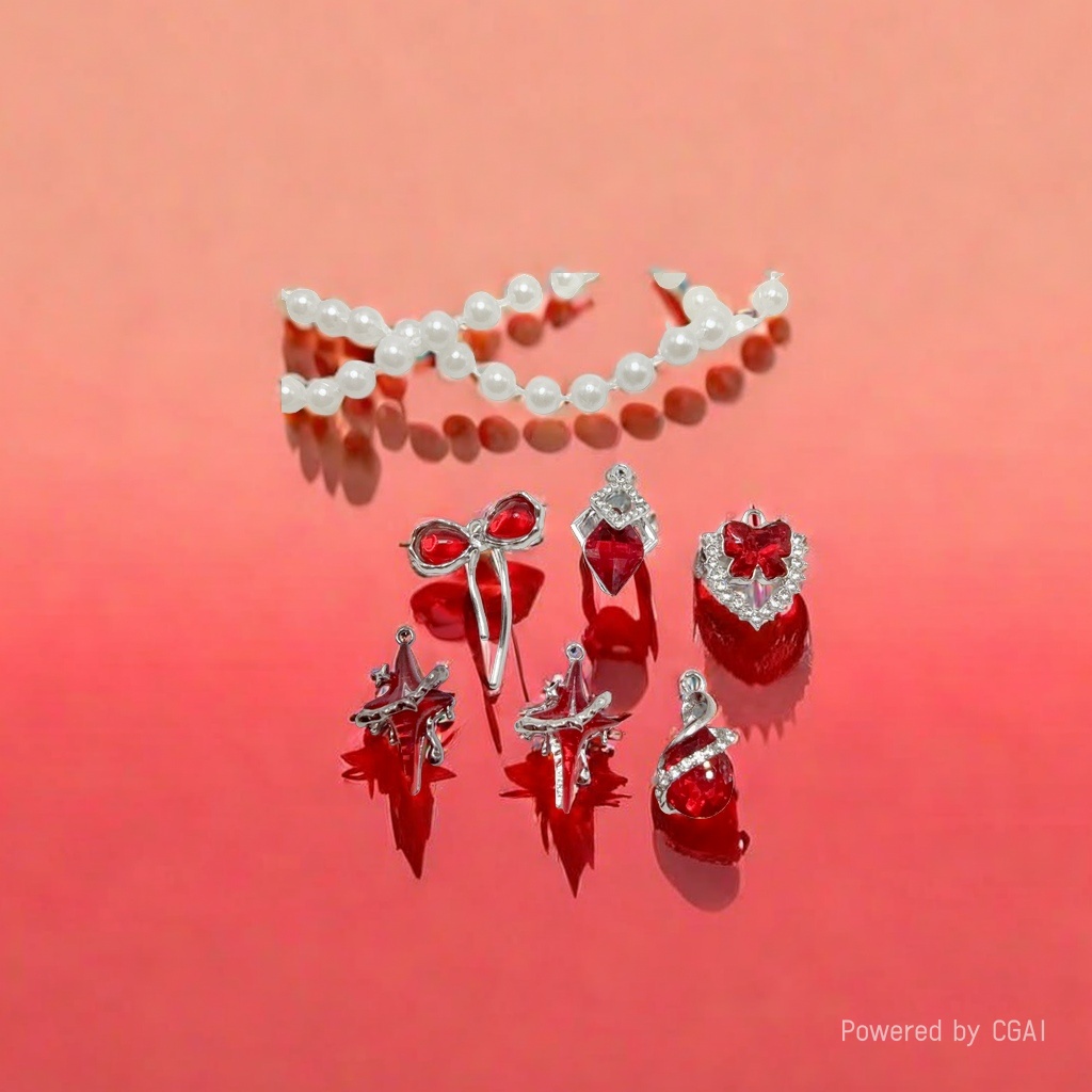 Sweet and cool red heart-shaped pearl bow silver pendant DIY handmade earrings necklace bracelet accessories material alloy details Picture