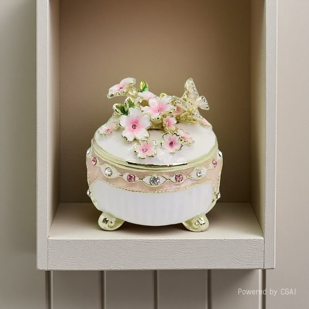 Light luxury enamel cherry blossom jewelry box, ring, stud storage, home entrance hall, living room, dressing table, decorative items and accessories storage details Picture
