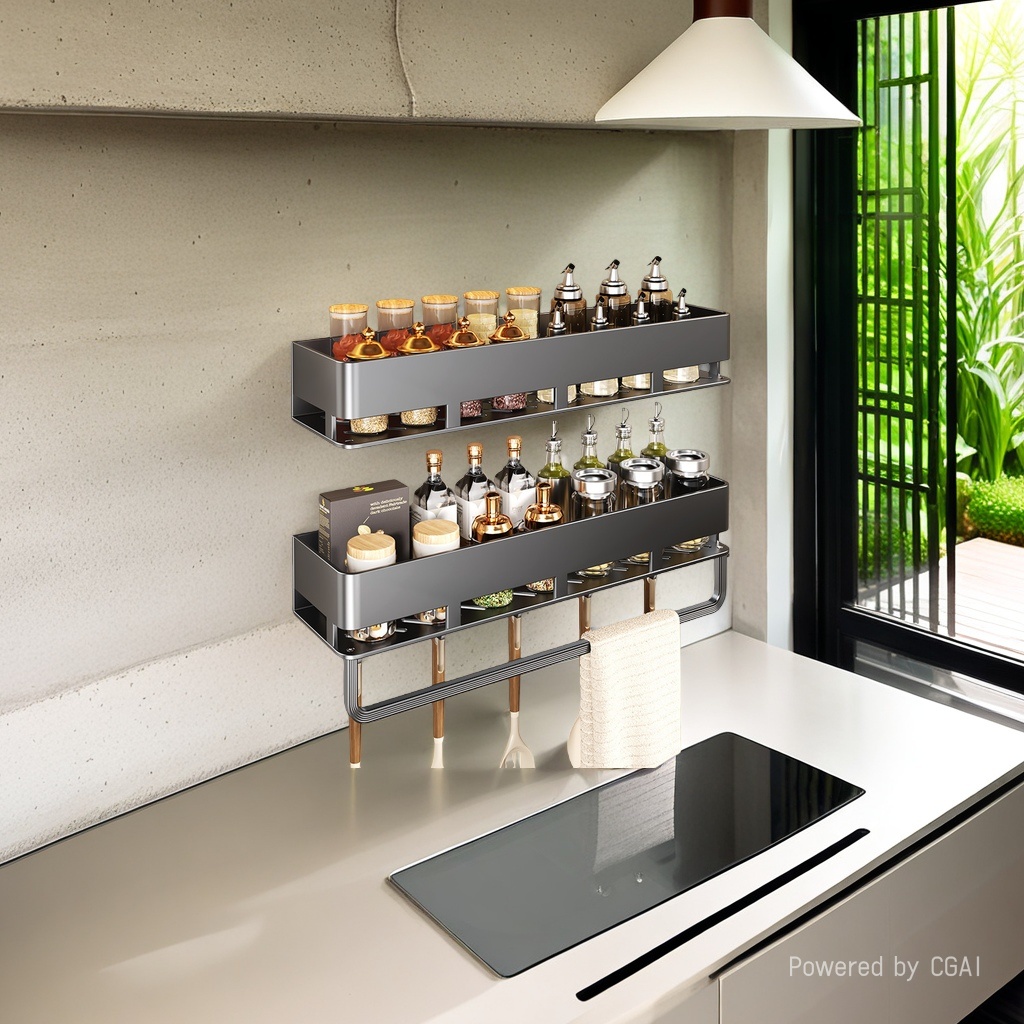 Light luxury kitchen storage rack, seasoning rack, carbon steel, no need for drilling, wall-mounted seasoning household goods, single-layer 30cm
