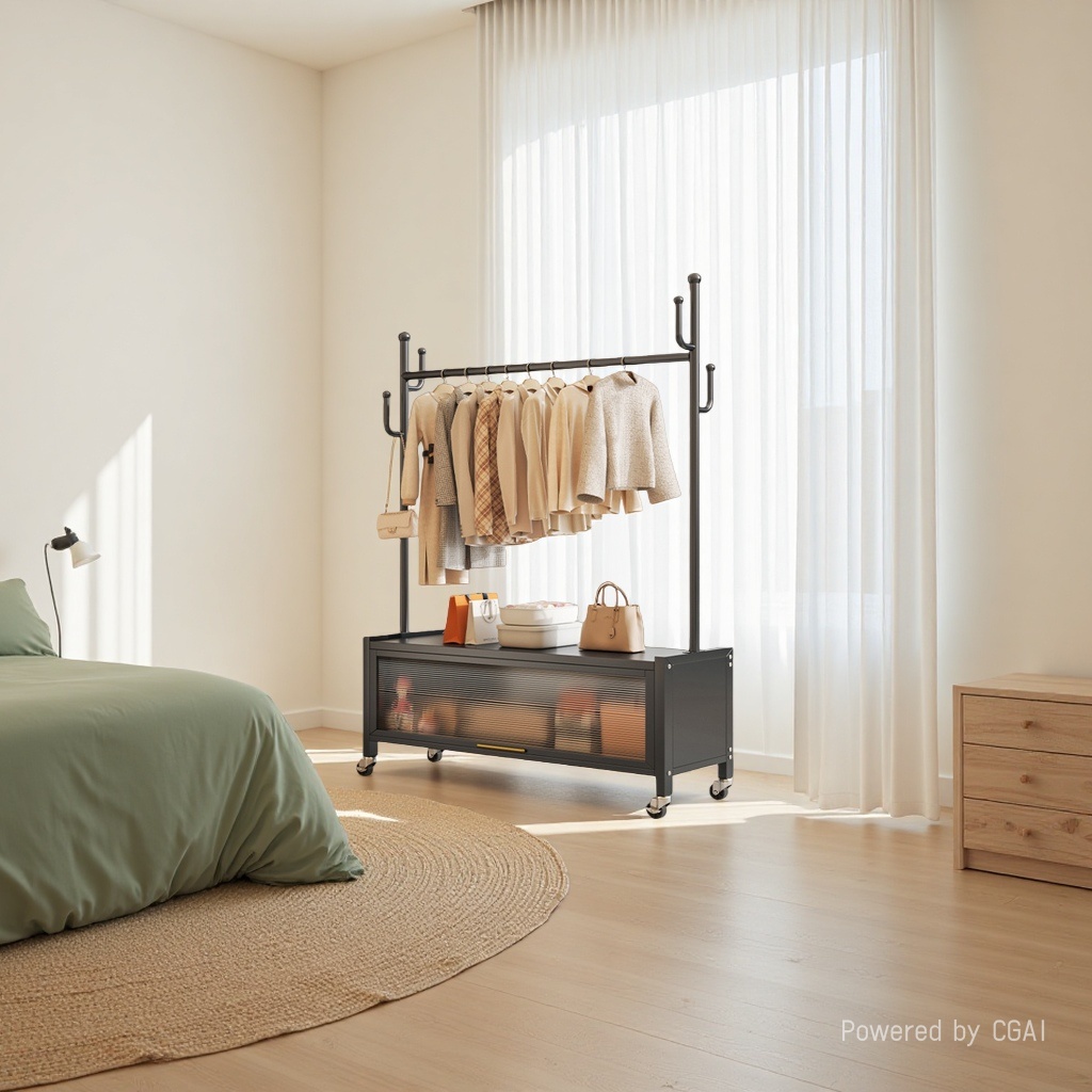 Colgador de piso dormitorio colgador de ropa portátil estante de ropa interior estante de ropa simple 60cm premium black + gabinete de almacenamiento colgador - con rueda universal details Picture