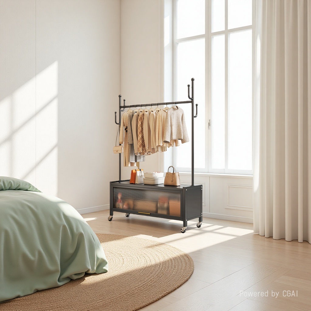 Colgador de piso dormitorio colgador de ropa portátil estante de ropa interior estante de ropa simple 60cm premium black + gabinete de almacenamiento colgador - con rueda universal Specification image
