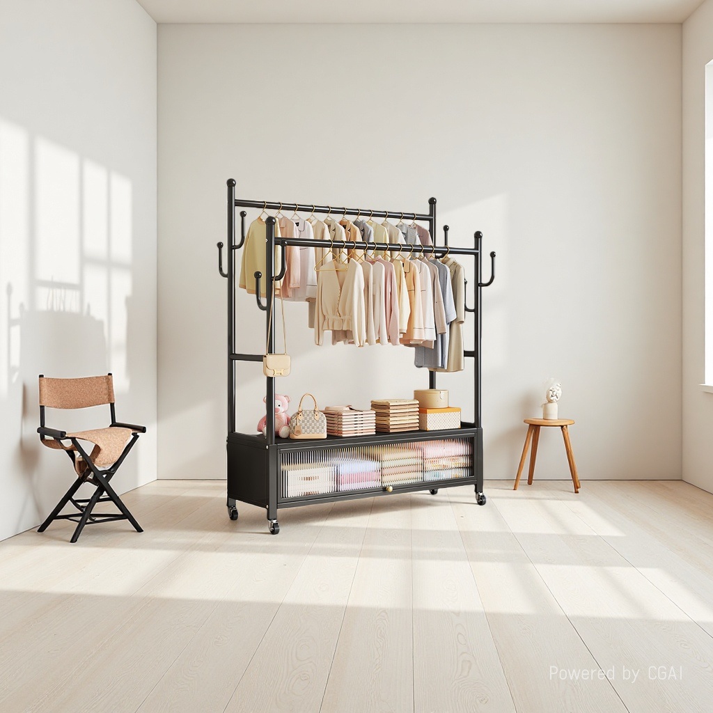 Floor-standing clothes rack for bedroom home, movable clothes hanger, indoor double-pole clothes drying rack, multi-functional coat rack, cream white, 60cm, double-row hanging poles +8 hooks [dust-proof storage cabinet], with wheels + feet Specification image