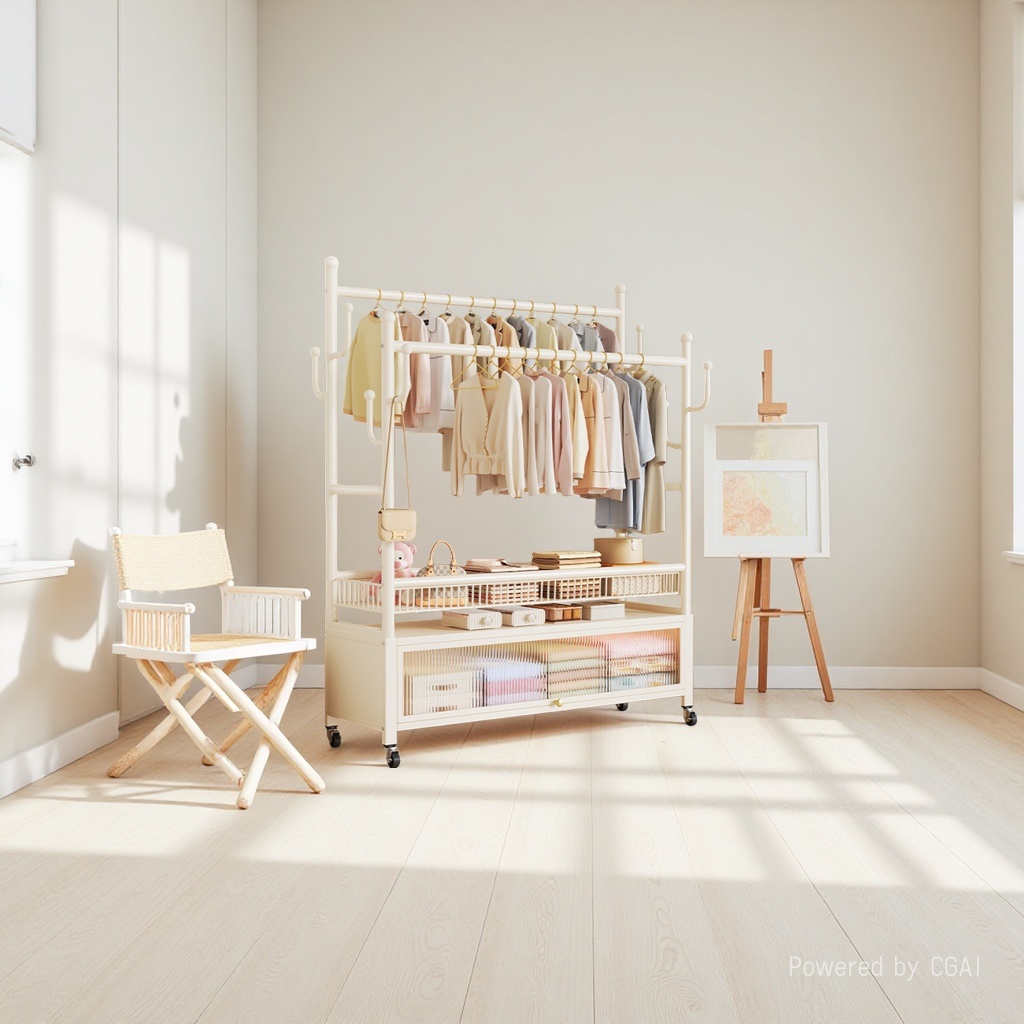 Floor-standing clothes rack for bedroom home, movable clothes hanger, indoor double-pole clothes drying rack, multi-functional coat rack, cream white, 60cm, double-row hanging poles +8 hooks [dust-proof storage cabinet], with wheels + feet details Picture