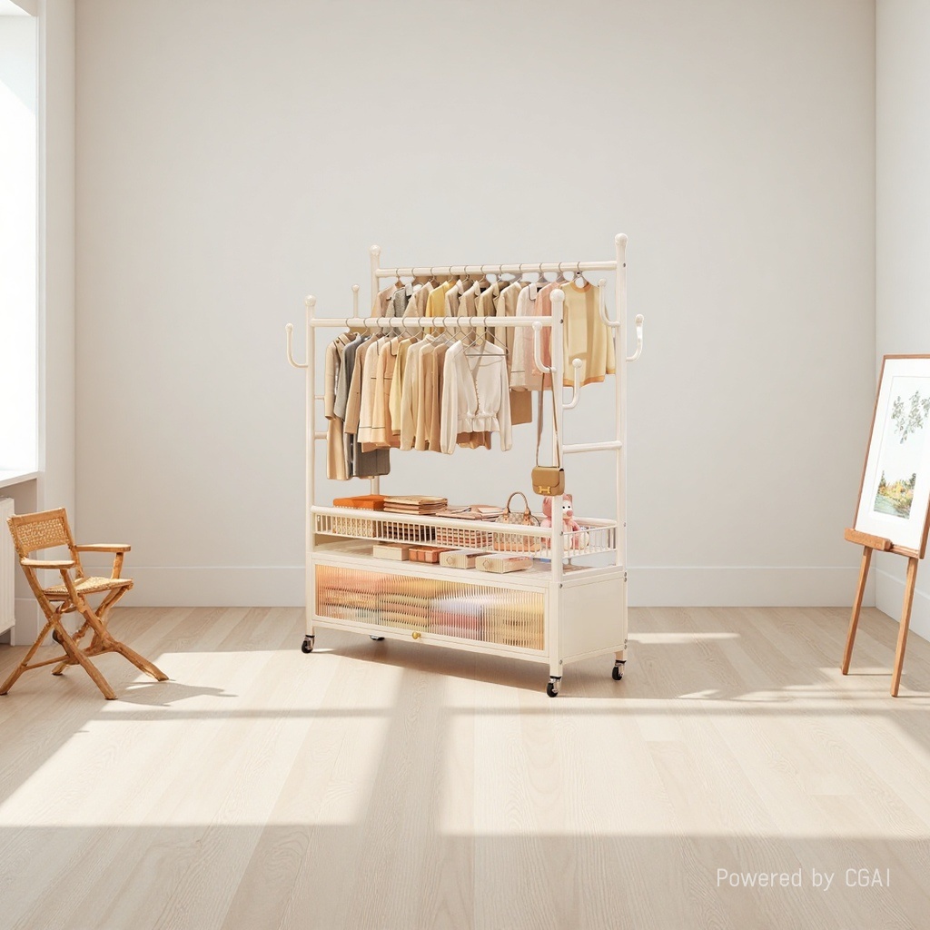 Floor-standing clothes rack for bedroom home, movable clothes hanger, indoor double-pole clothes drying rack, multi-functional coat rack, cream white, 60cm, double-row hanging poles +8 hooks [dust-proof storage cabinet], with wheels + feet Application Scenario