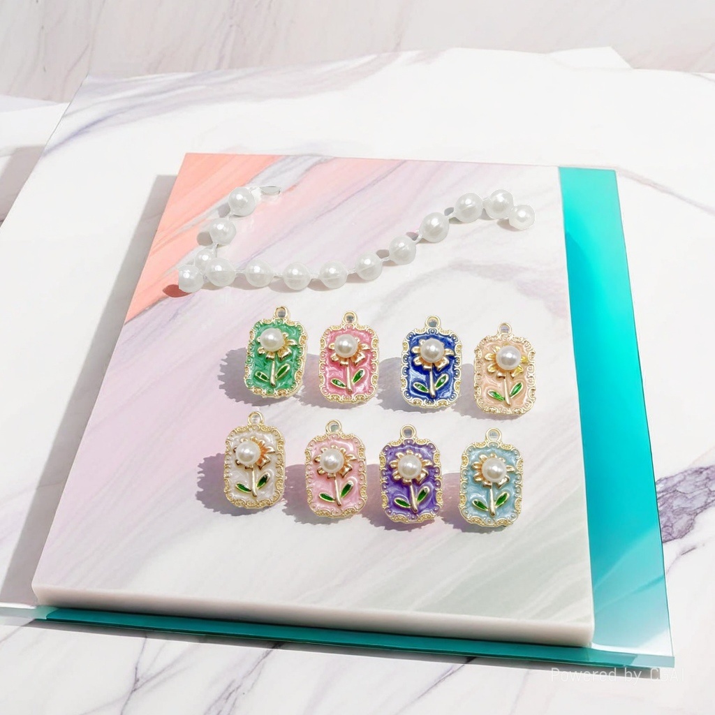diy jewelry, single oil-dripping pearl flower alloy pendant, DIY necklace, cross-border bracelet accessory, mother-of-pearl base