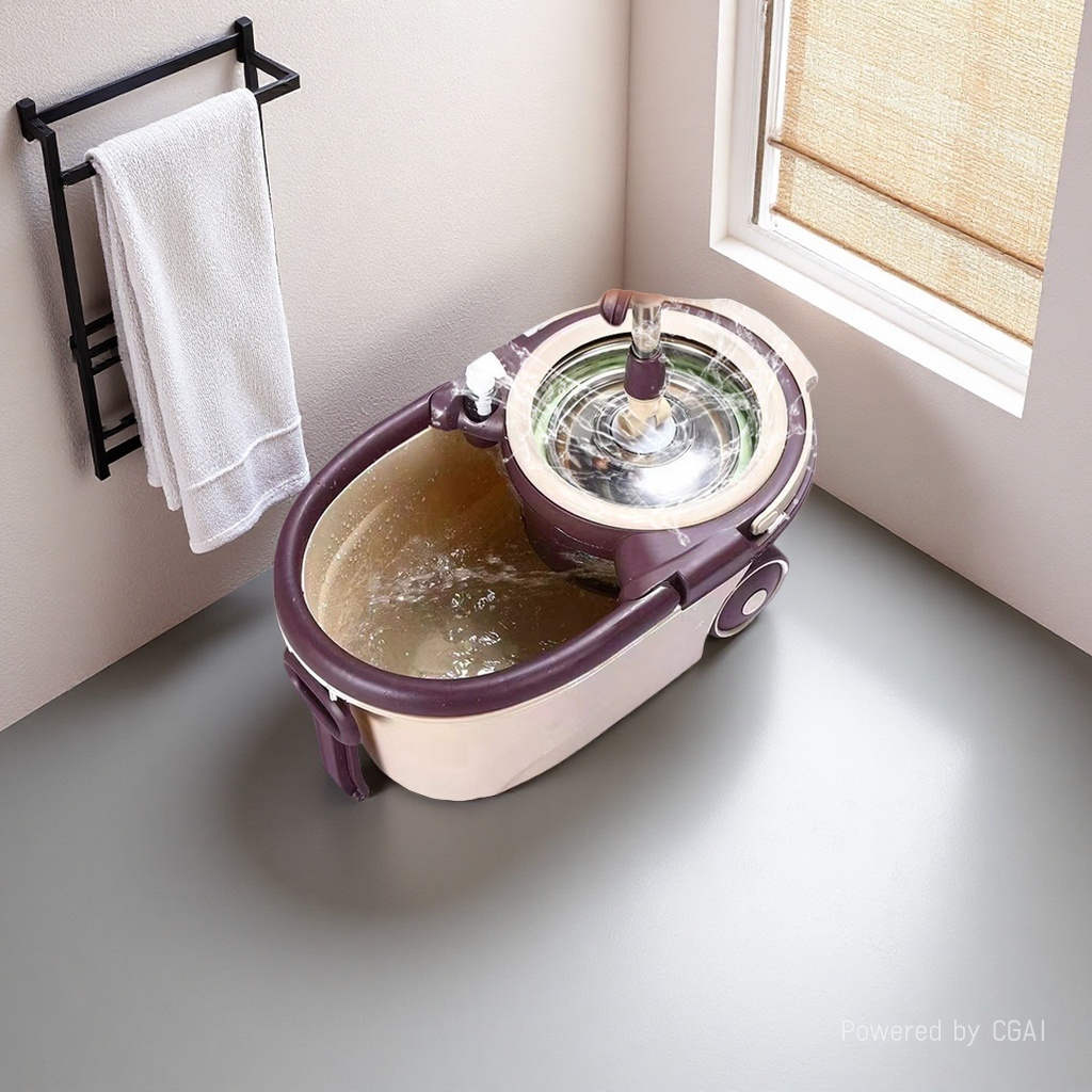 A household dual-drive automatic dehydration mop bucket, a floor cleaning and mopping wonder, a spinning mop with a steel basket, plastic tray, large rod and 2 mop heads details Picture