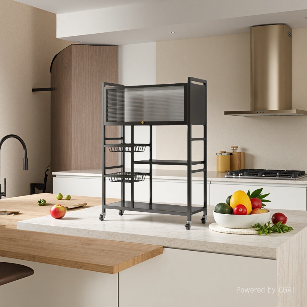 Kitchen storage rack, sideboard, floor-standing multi-layer fruit and vegetable storage rack, household multi-functional cookware storage rack, black model (two nets and one board), top layer with door - comes with universal wheels details Picture